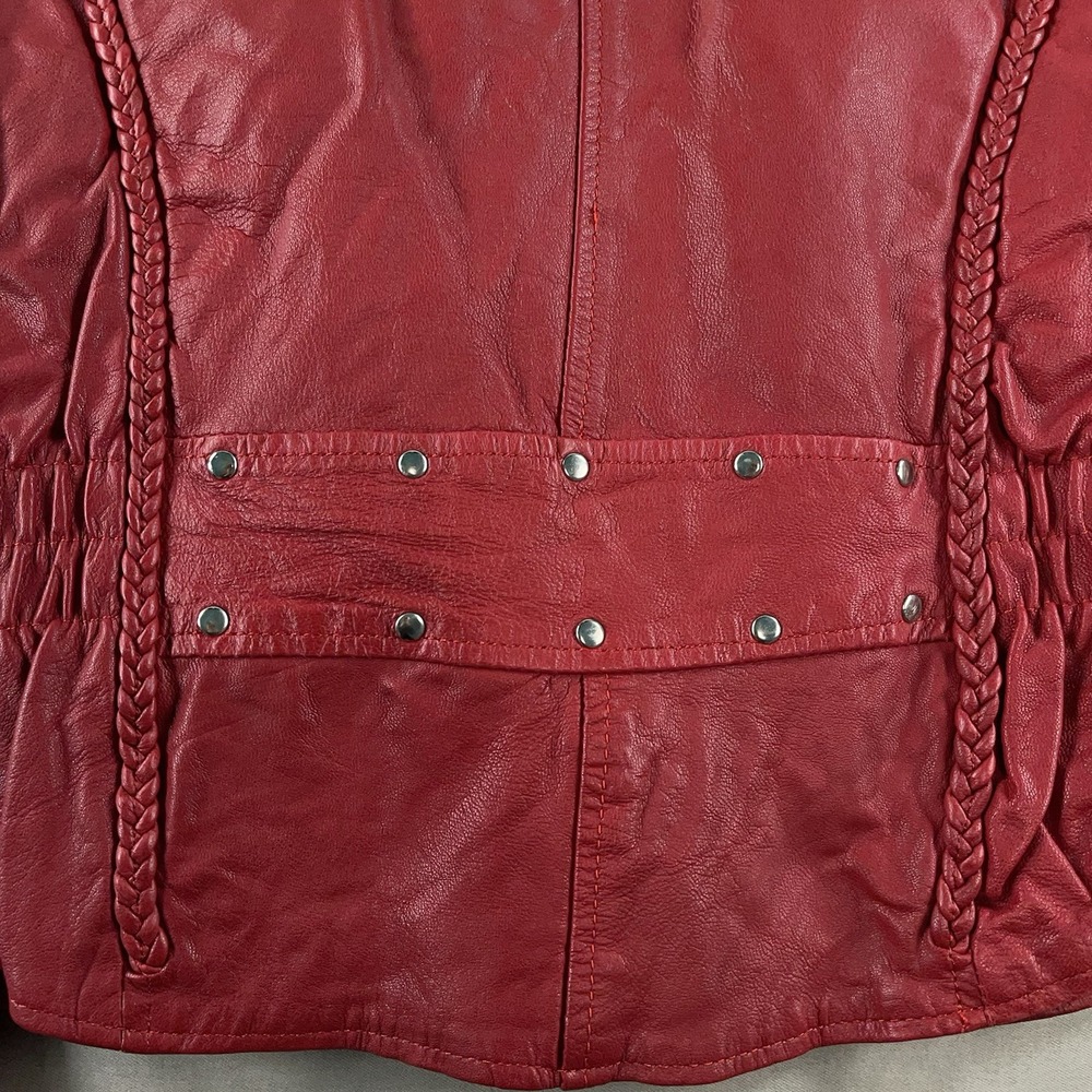 Unik Ultra Red Womens Leather Motorcycle Jacket Removable Liner Large Braid Trim - Picture 10 of 16